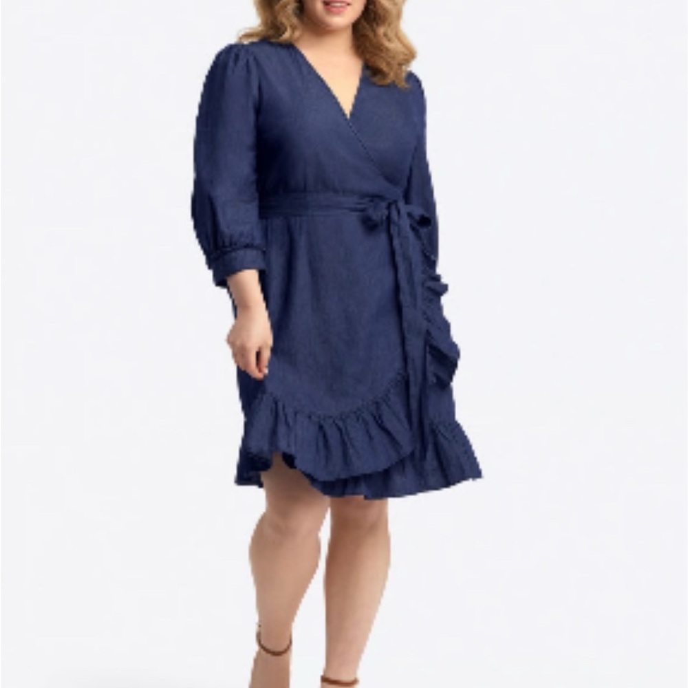 Draper James Denim Blue Chambray Wrap Dress 20 - Picture 2 of 6